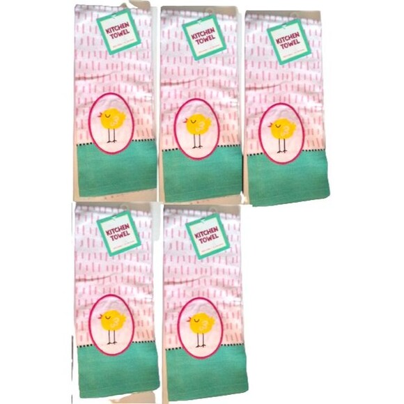 Kane Home Kitchen Towels Spring Chick x5 Green With Pink Lines 16"x26" - Picture 1 of 2
